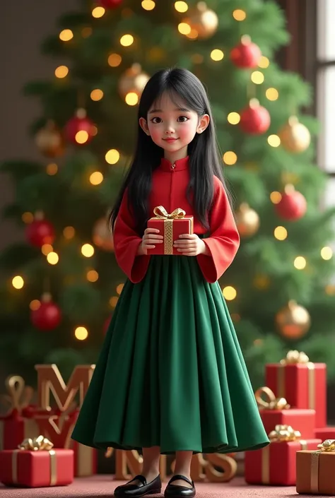 A typical Indonesian girl with long straight hair wearing a red shirt and a green skirt  ,  wears black shoes Full body standing in front of a Christmas tree holding a gift with the font background “MERY XMAS” 