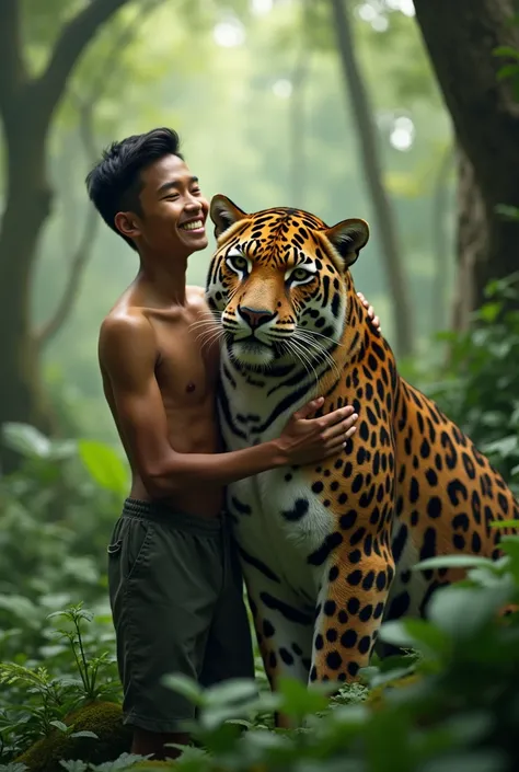 (photorealism:1.2), a young thin man can clearly see his thin Indonesian smile that so brightly shines the light at night like a handsome prince is hugging a huge jaguar in the beautiful forest of a beautiful nature reserve, the jaguar next to the man