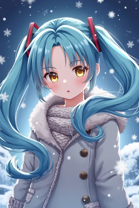 (masterpiece、 best quality、 best quality、 Official Art、 beautiful and beautiful :1.2)、( one girl:1.3) Hatsune Miku 、 twin tails, Beautiful breasts, Moments Stretch and Twist ,  Bustling Steps 、舞い降りるsnow片の永遠に変える. (  Masterpiece , Detailed works), snowflakes...