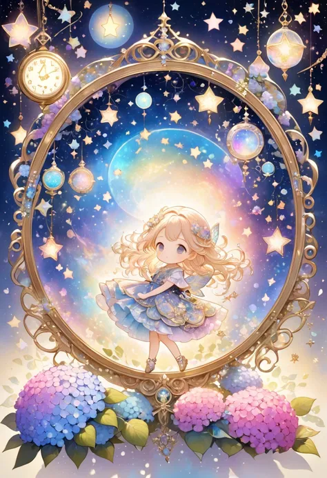 from hair flow backward lots and lots of kirakira kawaii star pattern star phosphorescence, girl Nebula Silhouette, Galactic circle background and baroque quality fine chainwork borders, Hanging Chain Braided Star Ornament, fairy clock, Kaleidoscope Chibi ...