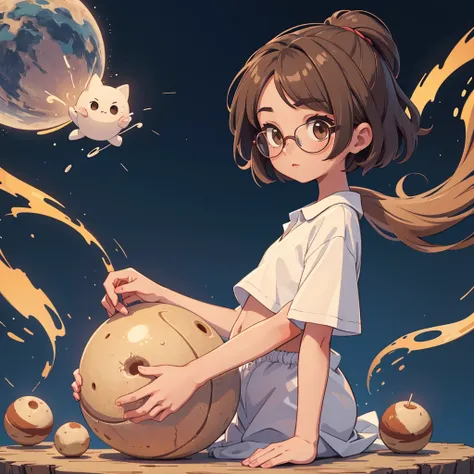 collectible statuette of creator this world on a stand with ball of Earth in hand, the 1 cute tomboy girl Nika whose age is older than the universe itself with nice natural chestnuts has short Brown disheveled and very shaggy hair, with small stature, with...