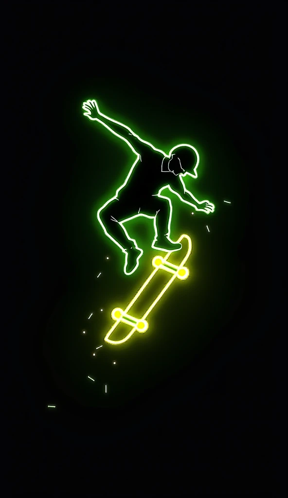 A minimalist depiction of a skateboarder mid-air, performing a trick. Fluorescent green and radiant yellow lines highlight the skateboard, the flowing curves of the figure’s posture, and motion trails. The ultra-black backdrop enhances the glowing lines, m...