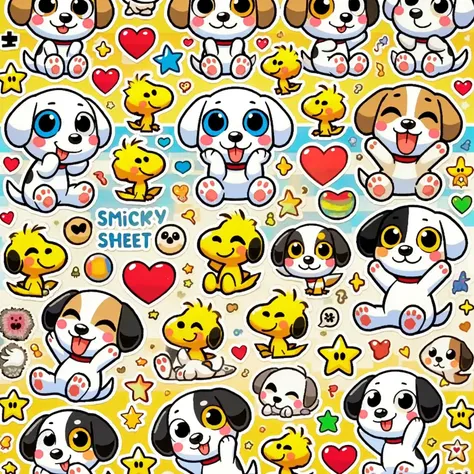 Close up of cartoon dog group on yellow background, sticker sheet, unused sticker sheet, cute kawaii dog, stickers illustrations, stickers, cutest kawaii sticker ever, digital art emoji collection, sticker illustration, cute cartoon, sticker design vector ...