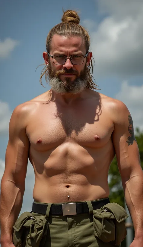 A caucasian middle-age stocky bulky muscular man, hairy chest with nipple piercings, special ops tattoo on his upper arm, long braided blonde hair tied in a bun on top of his head. Reading glasses, titanium earings.