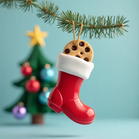 a simple red boot hanging on the Christmas tree,  with a light blue background ,  with a Christmas tree in the back ,  with three red spheres ,  blue and purple ,  with a yellow star on the top of the tree,  and a chocolate chip cookie 
