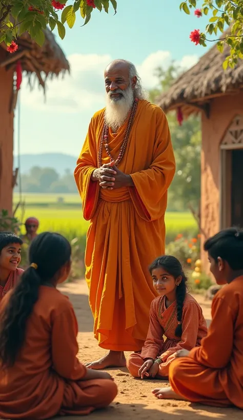 Guruji stands tall, his hand raised in a blessing gesture, exuding an aura of wisdom and compassion. His deep, kind eyes glisten with understanding, and the serene smile on his face conveys both reassurance and strength. Dressed in rich saffron robes that ...