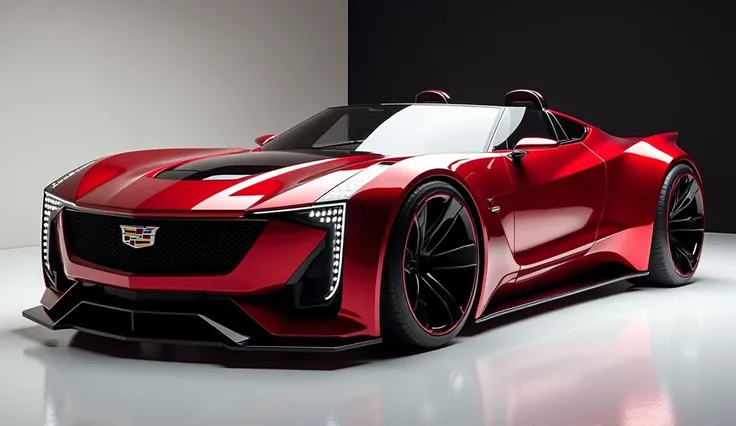 Create a 3d render (side front) review car design 2025 (cadillac XLR roadster) “(red) colour with a “(cadillac) ”on back. “” on its  back end look. and. Headlights“in pure glossy black with ultra detailed glossy shining image captured from  (side front) re...