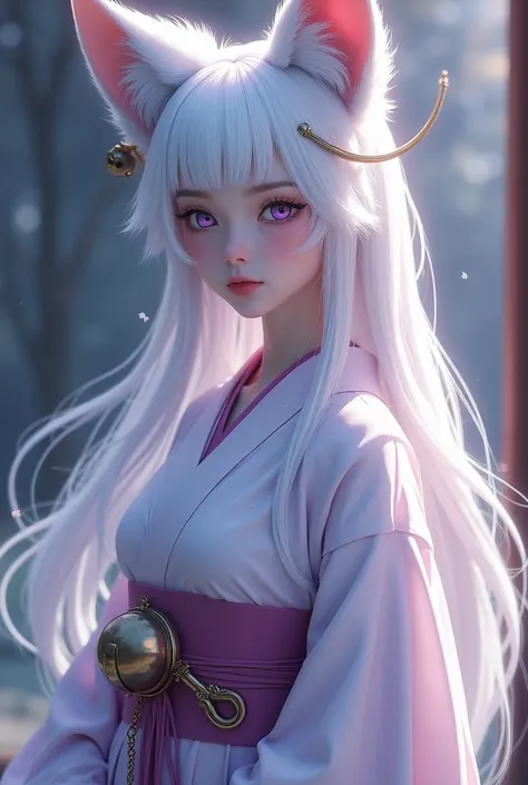  A beautiful woman with white hair and waist ， has a pair of white fox ears on her head ， carries a small bell on the fox ear to the left， wearing a Japanese kimono ，A bell with a handle on the waist ，Wearing clogs on feet，眼睛是好看的淺紫色瞳孔，One go at a time, one...