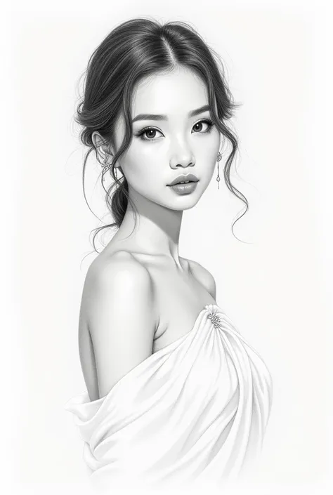 Pencil sketch of a Thai woman with long hair, wearing a white dress. Half-body portrait, delicate facial structure, long wavy hair,  large eyes, high nose bridge, soft light, delicate texture details, delicate line drawing in a light-colored style, emphasi...