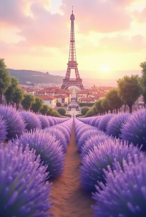 (((Masterpiece))), Create a serene and romantic cover design that combines realistic elements with a subtle, artistic touch. Feature a sprawling lavender field in the foreground, leading to a cozy French village with terracotta rooftops nestled in the coun...