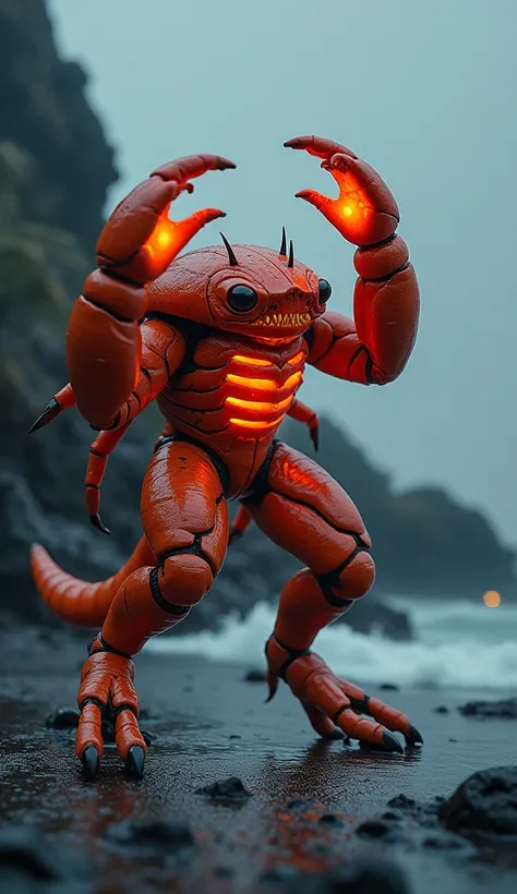 create 32k ultra-realistic image of a mutated hybrid fusion combining the features of a crab, carrot, and hotdog, showcasing their evolution into a dangerous fighting creature with an intense glowing aura. The fusioned form exhibits the sharp claws and arm...