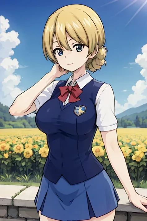 maholyerpiece, beholy quality,  1 girl , Alone, Darjeeling (Girls＆Panzer), large breaholys, holy. Glorianas uniform,  blue skirt, elegant ,Polite,  watch viewers, upper body, Outdoor, caholyle, garden,  blue sky, sunlight