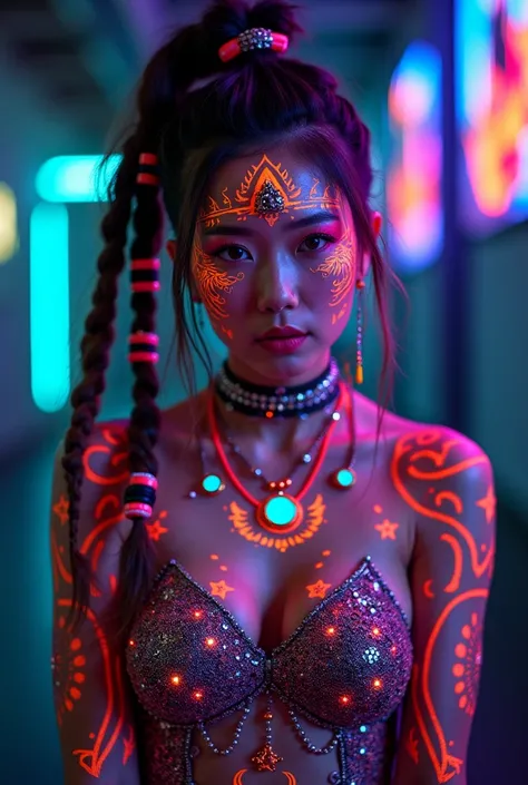 a beautiful Korean pop singer woman standing in an indoor setting.  with fluorescent tribal batik and psychedelic aesthetics. Her skin is painted with vibrant, glowing colors under smooth light, featuring intricate patterns and symbols, She has elaborate, ...