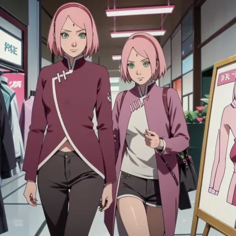 Adult Sakura Haruno from NARUTO. She has a beautiful bright pink hair, and Green Eyes. She has a sexy Breasts, and beautiful body. She dressed with Casual style as she walk toward the Clothing store to buy some of new clothes for herself. 