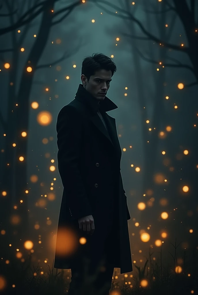 Fireflies with black coat man in darkness