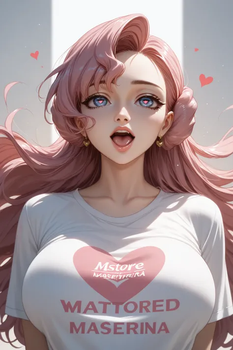    score_9, score_8_up, score_7_up,score_6_up,score_5_up,((masterpiece)), (( best quality)), (( high definition )), a girl ,solo , tigress , heart shaped eyes , open her mouth , torn T-shirt ,big breast,euphemia li britannia,pink long hair