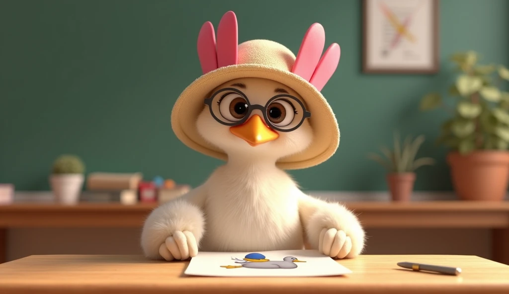   1 The Dream Hen is an adult hen ,  ivory-white fur ,  wearing a hat with pink ribbons ,  wearing round glasses holding a sheet of colored duck with ash gray fur, yellow legs , blue boy style hat In the classroom with a table
style :  whimsical 3d pixar s...