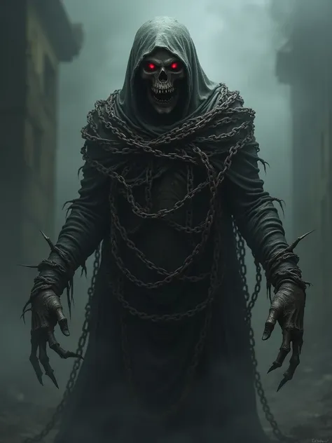 Create an image of a dark and eerie figure with a menacing expression. The figure has a dark decaying skin is standing in a foggy, misty environment. The figures body is covered in dark rusty chains, with the chains wrapped around its body and arms and leg...