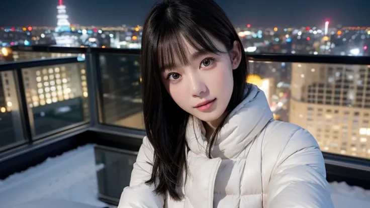 winter, observation deck on skycraper of Tokyo, in the day, look down gorgeous cityscape, slightly snow on the ground, dressed in warm winter fashion, neat fashion, clean appearance, tilt head forward, fidgeting, expression of heart is pounding with tensio...