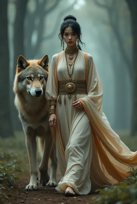 18 year old asian girl, คนจริง, full view of the model. A mystical scene featuring a majestic woman in traditional dress, walking forward with a large and majestic mystical wolf behind her. flowing garments with intricate drapes in soft, earthy colors that...