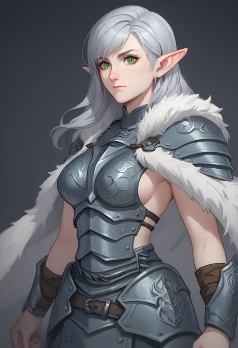 score_9, score_8_up, score_7_up, woman, simple background, dark background, green eyes, gorgeous, elf, fur outfit, black viking outfit, pale skin, solo, dark blue heavy armour, dark blue medieval armour, dark blue chainmail, mythril armour, elven ornaments...