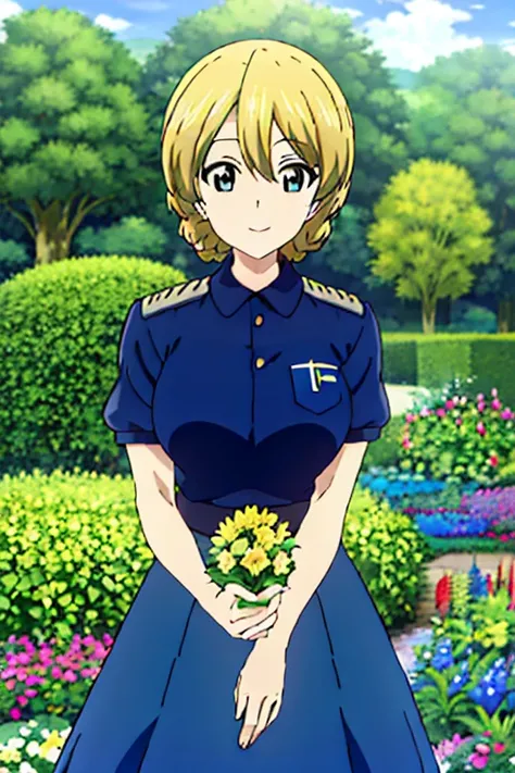 maholyerpiece, beholy quality,  1 girl , Alone, Darjeeling (Girls＆Panzer), large breaholys, holy. Glorianas uniform,  blue skirt, elegant ,Polite,  watch viewers, upper body, Outdoor, caholyle, garden,  blue sky, sunlight