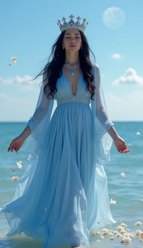  mature woman,  long black hair ,  a silver crown with blue stones ,  a long light blue dress of syrup will hopefully fall flat ,  your hands forward letting white flower petals fall from your hands,  walking over seawater , in the middle of the sea, a blu...