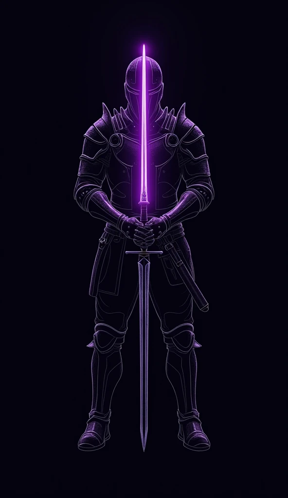 A minimalist illustration of a warrior holding a glowing sword, their silhouette traced with radiant purple and crisp silver lines. The fine details of the armor and the swords hilt create a sense of strength and focus, while the ultra-black backdrop isola...