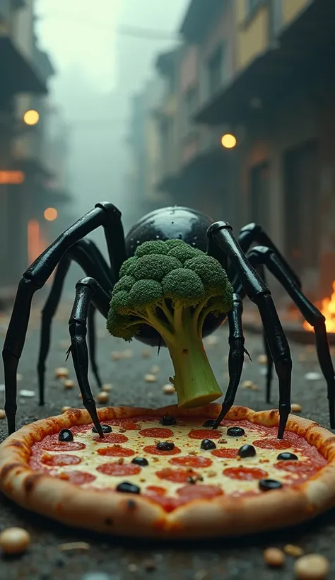 create 32k ultra-realistic image showing a spider, broccoli, and pizza as distinct entities, placed together in a single cohesive frame without merging. The spider is detailed with glossy black legs and sharp features, positioned in a natural crouch. The b...