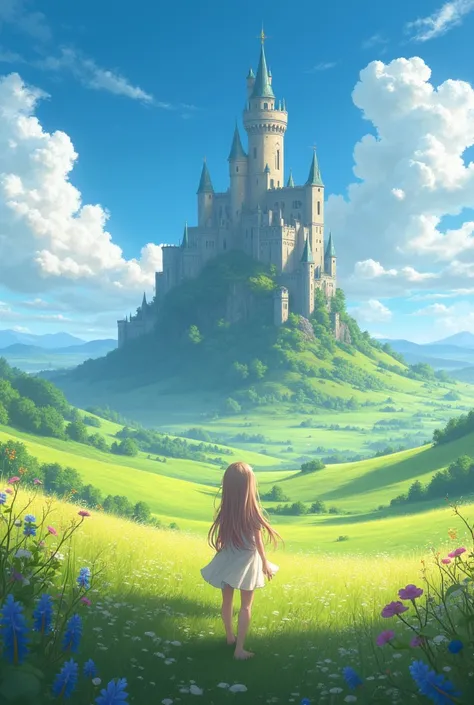 Fantasi anime vibes with one anime girls and with beatiful plains and old castle in middle plains