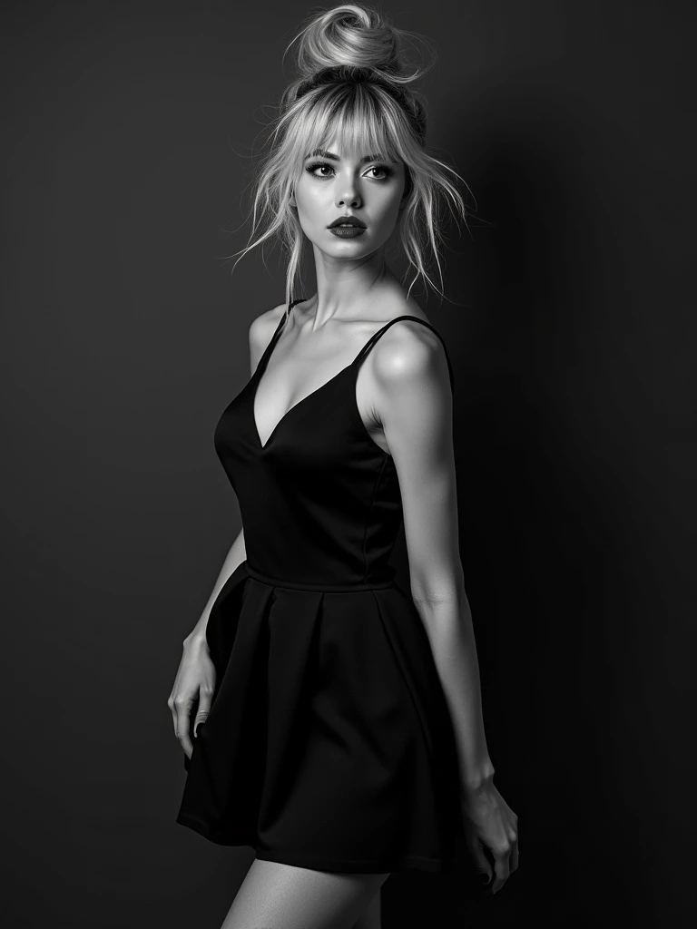 Beautiful 20yr old girl, blonde hair in messy high bun, bangs. detailed, toned body,  femme fatale, Noir et blanc, monochrome, looking at viewer, A-line dress, secretary, stockings