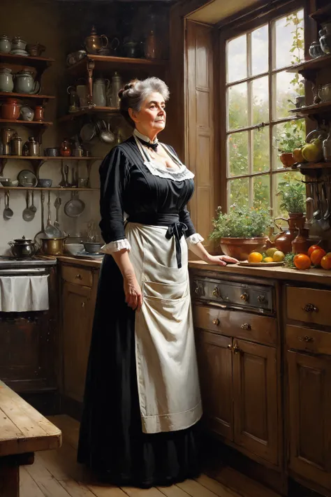 Full body shot of A voluptuous buxom 66 years old mature Victorian widow standing in front of a window in her kitchen, black dress, white apron good big breasts, very big breasts voluptuous, curvy, plump, Auburn haired, mature face, by Jean Béraud, inspire...