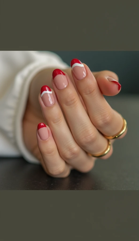 Image showcases a close-up of a hand with a stylish manicure. The nails are medium-length and almond-shaped, featuring a glossy red French tip design with a wavy white line separating the red from the natural nail color. The skin tone of the hand is light,...