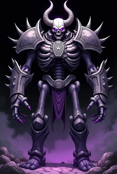 "A colossal and menacing skeleton champion stands tall, exuding an overwhelming aura of power and dominance. The skeletal figure is broad-shouldered and imposing, with a large, square-shaped skull that is jawless, revealing a dark, hollow interior. From th...