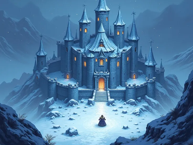 ( best quality, very detailed depiction , Incredible Hi-Res, pixel art ),Isometric view, deformed character,Ice Kingdom,Ice Giant Castle ,Snowstorm, dark atmosphere ,The Castle Where Ice Demons Live ,Screenshots of the game