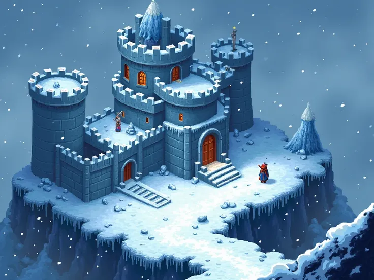 ( best quality, very detailed depiction , Incredible Hi-Res, pixel art ),Isometric view, deformed character,Ice Kingdom,Ice Giant Castle ,Snowstorm, dark atmosphere ,The Castle Where Ice Demons Live , Game Screenshots 