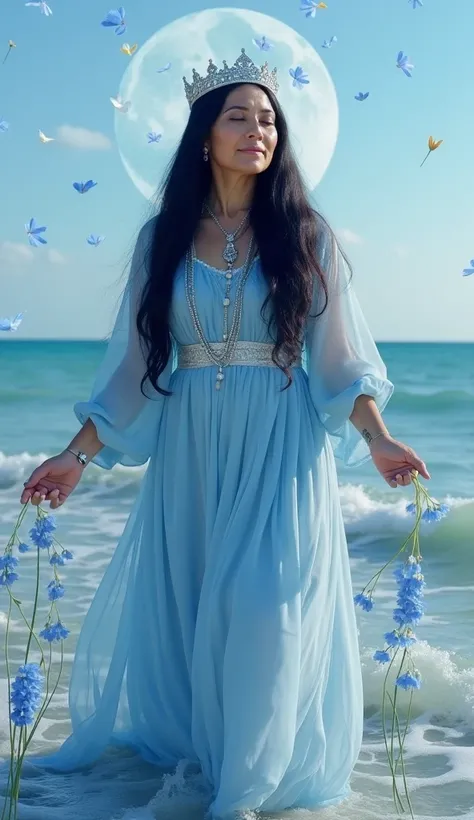  mature woman,  long black hair ,  a silver crown with blue stones ,  a long light blue dress of syrup will probably fall flat , Hands forward sticking out white flower petals from the hands,  walking over seawater , in the middle of the sea, a blue sky ba...