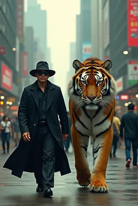 an Indonesian man wearing a long black coat wearing sunglasses wearing a hat, is walking side by side with a giant tiger, on a city street