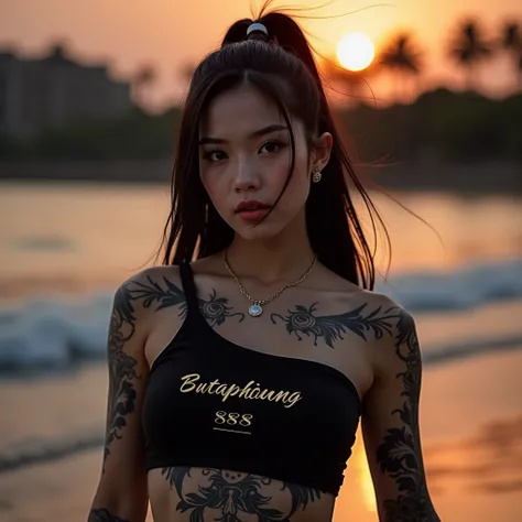 Asian girl with tattoos beautiful tattoos ,  Professional 4K Photos  , Woman in cool posture ,  white-pink skin, glossy tiled skin  , Beautiful eyes ,  Beautiful Thai Celebrity  ,  Big Bust ,  has a chest size of 36 inches  ,  Abdominal muscles, strong ,  ...