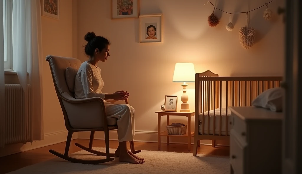 Create an image of a quaint baby’s nursery at dusk, illuminated by a soft bedside lamp, with a young woman sitting in a rocking chair, gazing at a baby crib with a serene expression, captured with a Nikon Z7 II, 28mm lens, gentle muted tones, aspect ratio ...