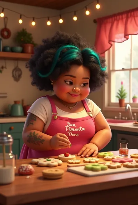  A Chubby young adult person,Eastern, nose piercing, full chin and pepper tattoo on the right shoulder, black curly hair with turquoise highlights.With a light red dress and pink apron written San Pimenta Doce, decorating cookies in a cute  kitchen christm...