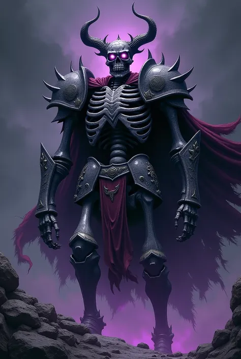 A towering and formidable skeleton champion stands with imposing presence, exuding an aura of immense power and battle-hardened authority. The skeletons skull is large and square, with sharp, jagged features, its jawless face revealing a hollow, dark inter...