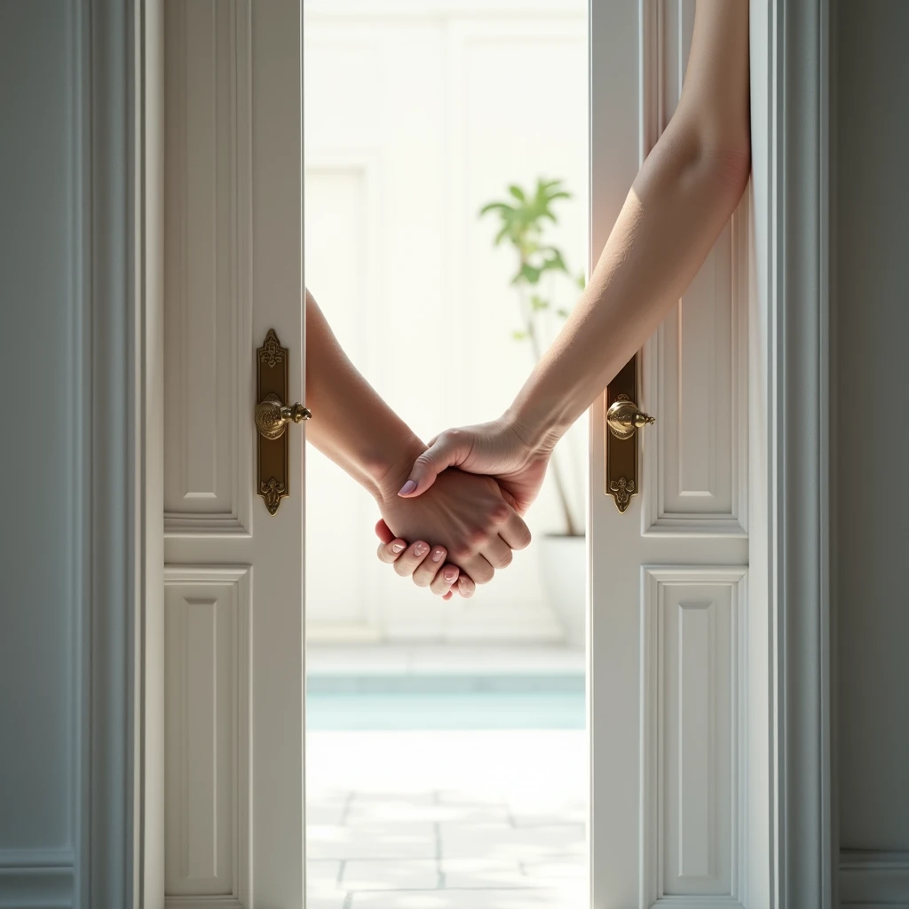 Create an image of the hands of a heart-shaped , a man and a woman opening a large white luxury door of a contemporary white luxury mansion.