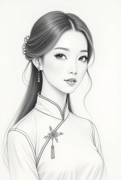 Pencil sketch of a beautiful Chinese woman with long hair wearing a traditional Chinese cheongsam.  Taking full-length portraits Delicate facial structure, large eyes, high nose bridge, soft lighting, delicate surface details. Delicate line drawing in a li...