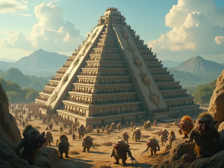 good trolls build pyramid 4k realistic cinematic 10000 crowd