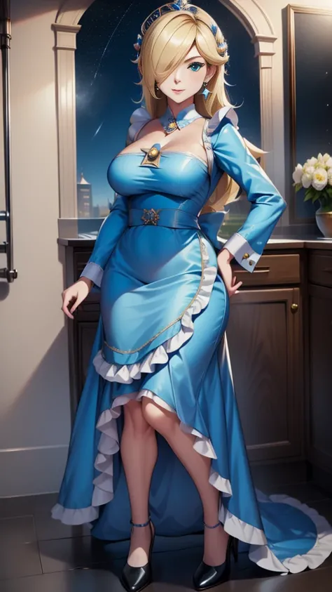 ((((masterpiece, best quality ,Ultra delicate, 16k,high resolution,solo)))),princesa rosalina, blue dress, big breasts, adult body, starry sky, semblante angelical
,smile,maid costume