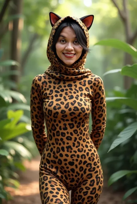 HIJAB, Kedua Belah Tangan Diletak Dibelakang Punggung, The beautiful asian adult girl with beautiful cheeks wears leopard lycra turtleneck unitard catsuit covered with spots and leopard lycra elastane dancewear hijab-like hood.She is happy to walk in the j...