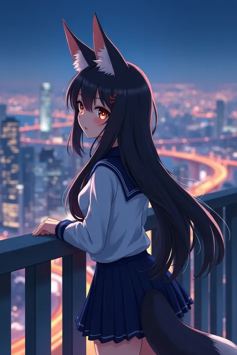 Anime nine-tailed fox girl with Japanese uniform have medium breast. She is leaning in the railing and the city is under the railing in night 