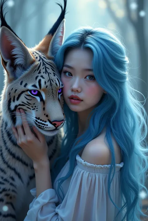 Beautiful Asian woman, 18 years 

A mesmerizing fantasy scene featuring a young woman with flowing, ethereal blue hair leaning gently against a majestic lynx-like creature. The woman has a serene expression, her face close to the creatures, conveying a sen...