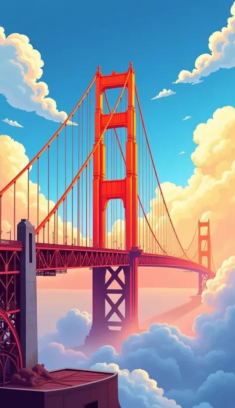 The majestic golden gate stands tall, glowing vibrantly with a mix of intense gold, rich oranges, and soft whites, surrounded by a bright and colorful sky filled with cotton candy-like clouds. The scene is rendered in a hyper-realistic cartoon style, empha...